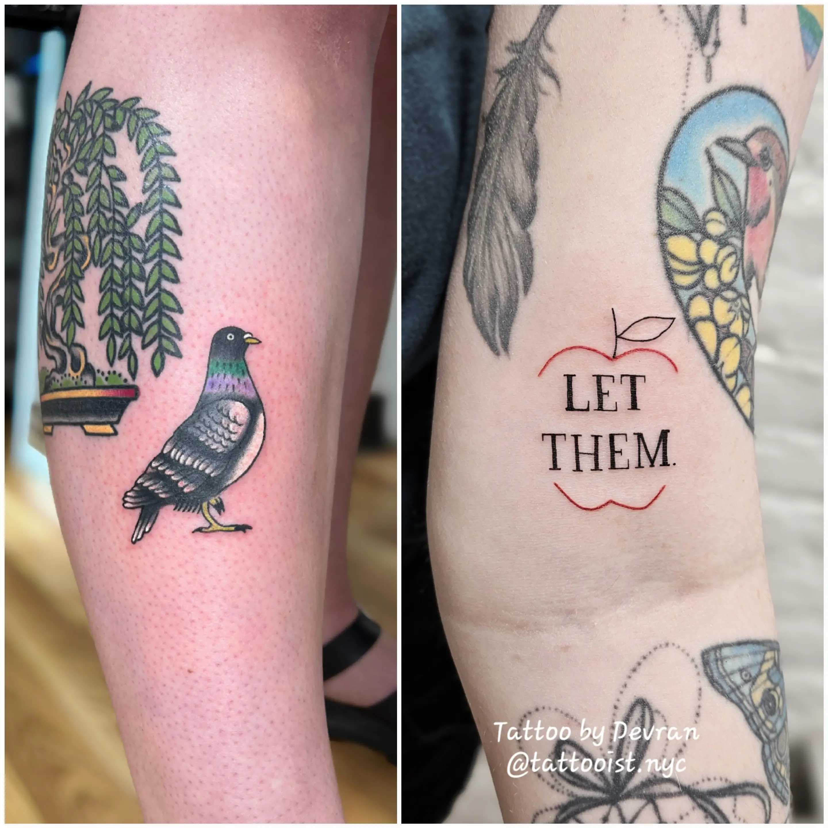 Minimalist lettering tattoo 'LET THEM.' with a red apple outline on the inner arm.