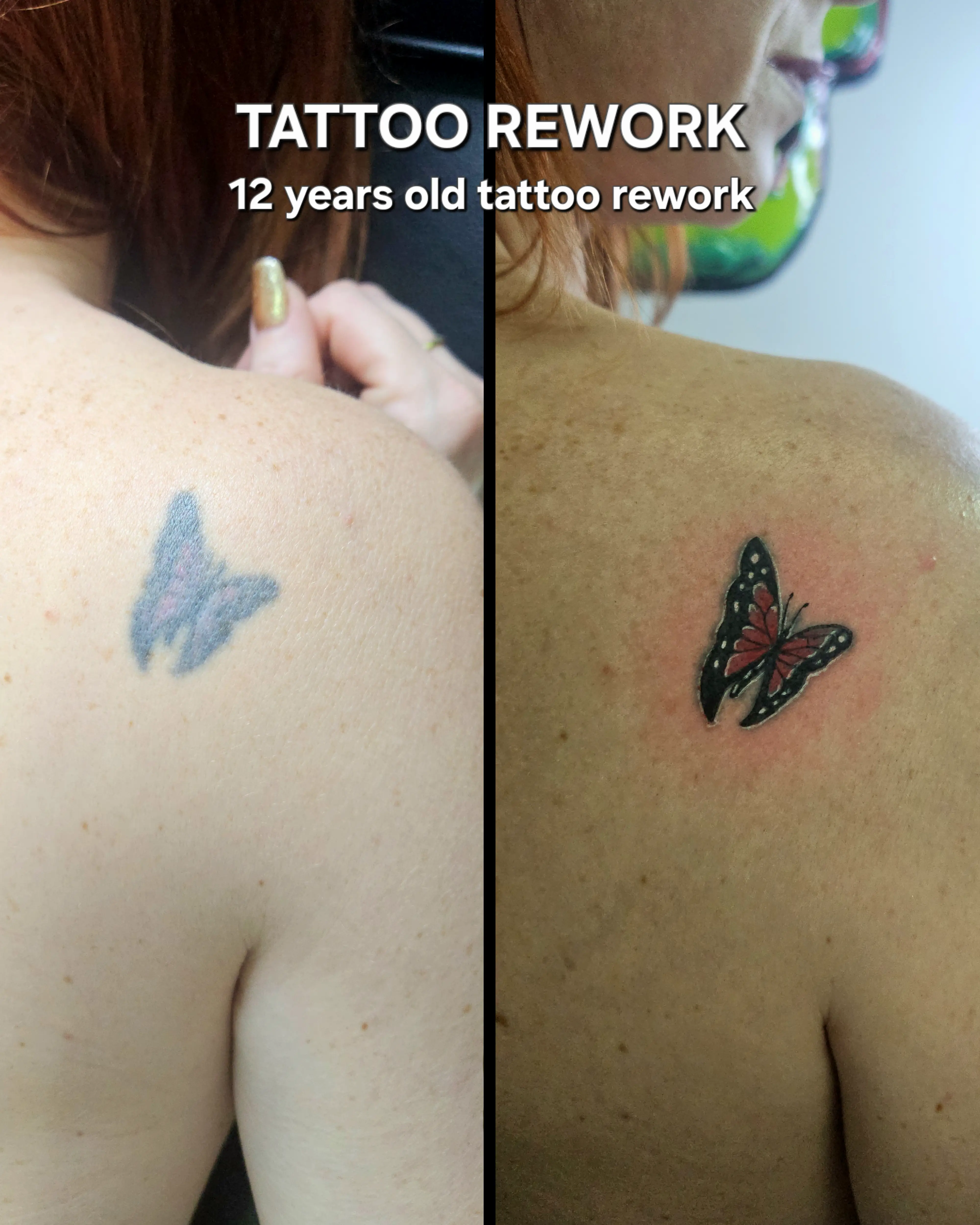 Remake of a 12-year-old faded butterfly tattoo; enhanced with contrast, contour, and red-black tones.
