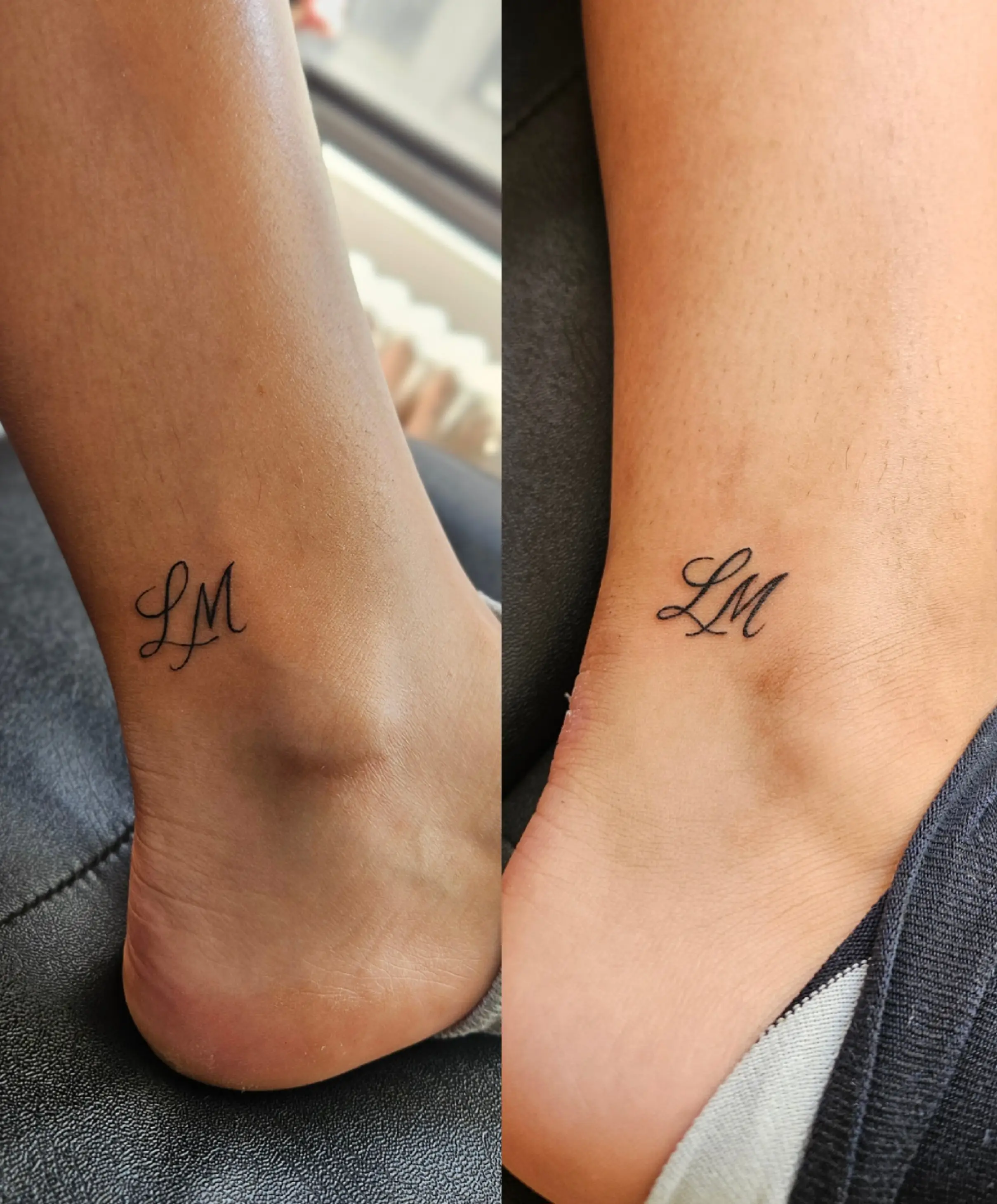 Fine line 'LM' initials wrapped around the wrist.