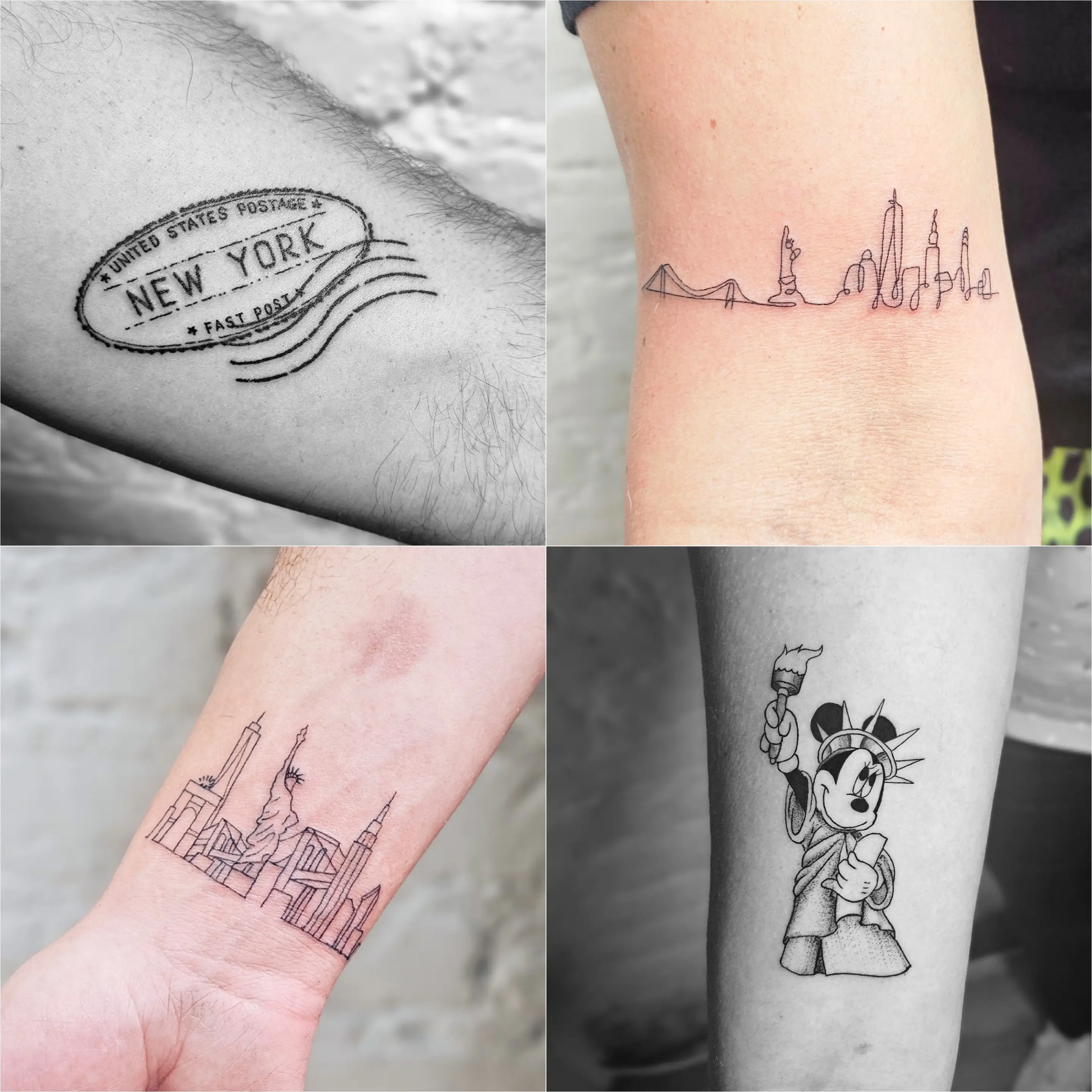 A collection of small NYC-themed fine line tattoos: a postage stamp design, a thin skyline line art, a detailed skyline/Statue of Liberty outline, and Mickey Mouse dressed as the Statue of Liberty.