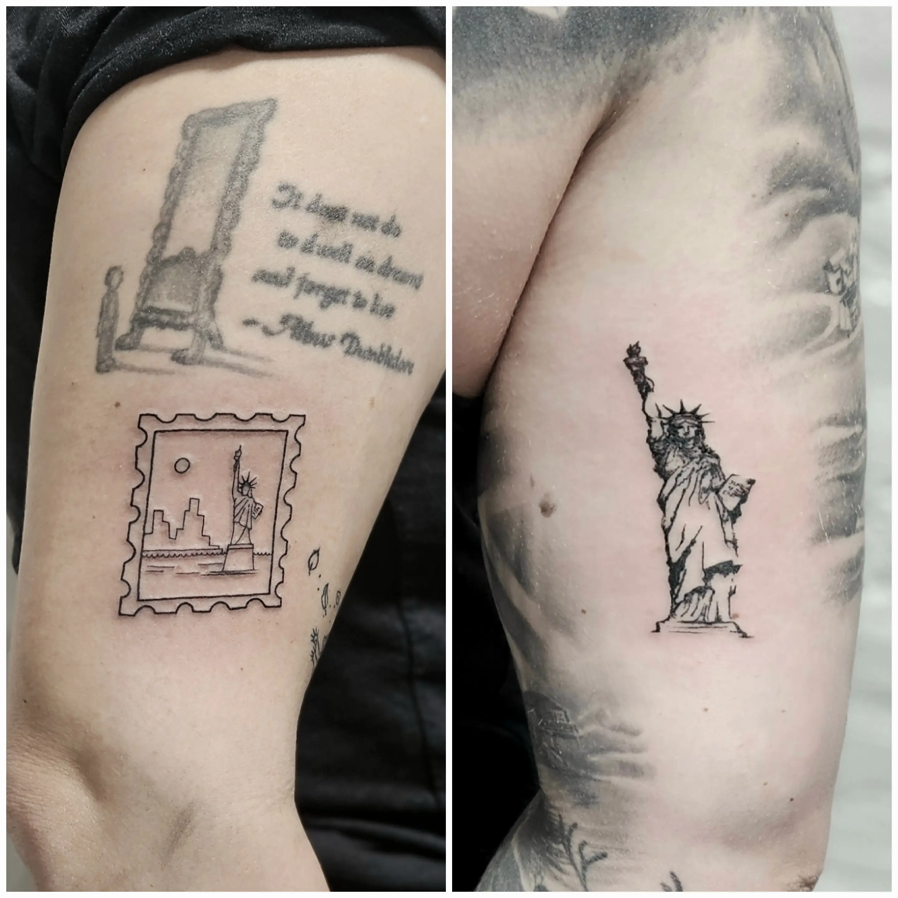 Two distinct tattoos featuring the Statue of Liberty on the upper arm: one in a fine line outline style resembling a postage stamp with the skyline, and another in a sketch/etching-style blackwork.