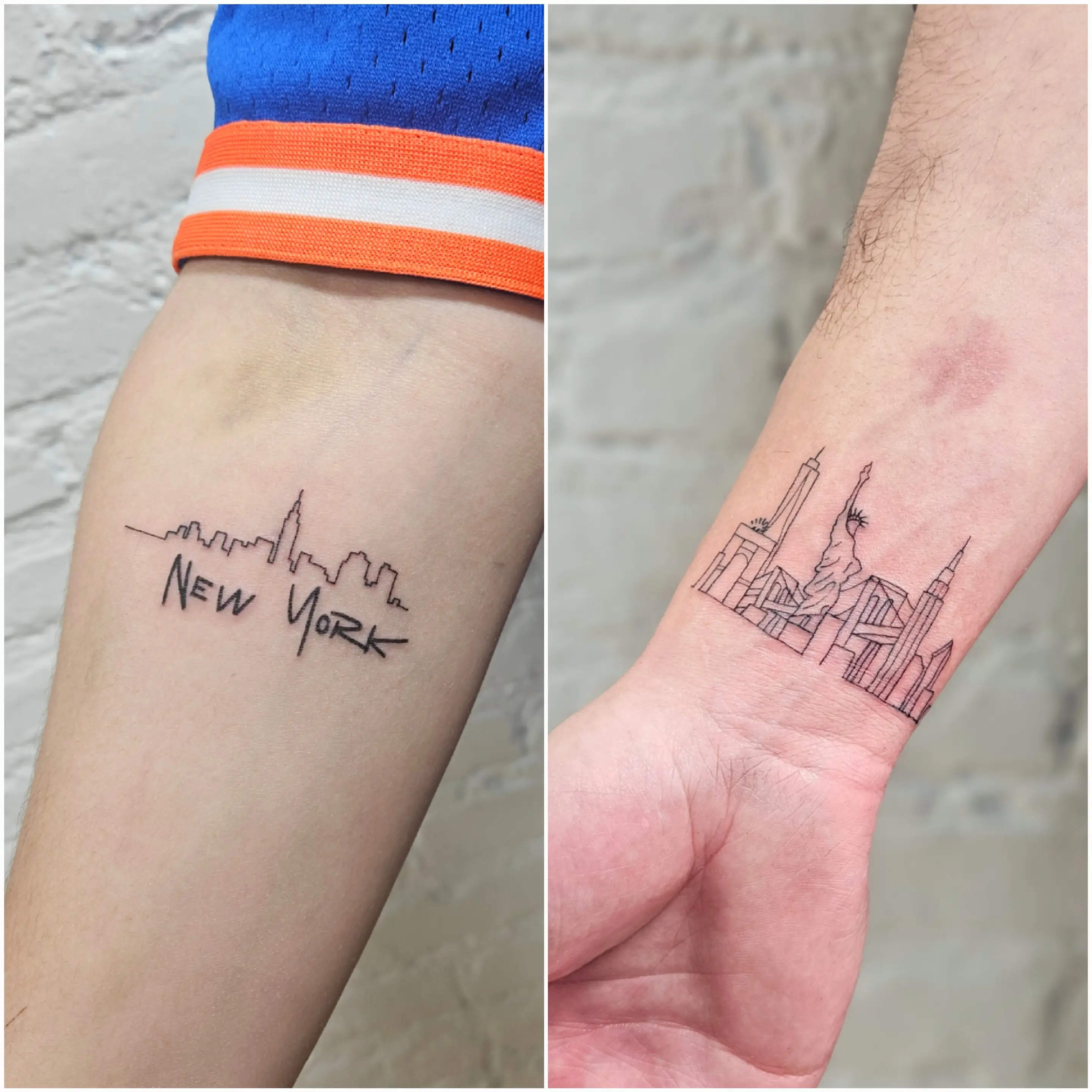 Two fine line tattoos: one with a minimalist New York City skyline and 'New York' script on the inner arm, and another with an outline of the skyline featuring the Statue of Liberty and Empire State Building on the wrist.