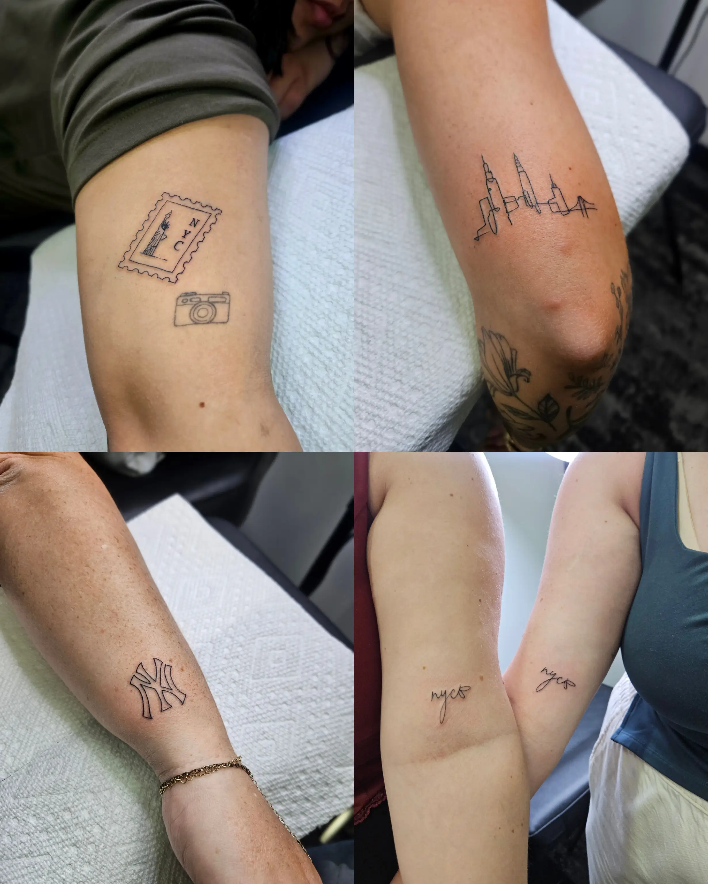 A collection of small NYC-themed fine line tattoos including a postage stamp and camera, a minimalist skyline, the New York Yankees logo, and small 'nyc' script matching tattoos.