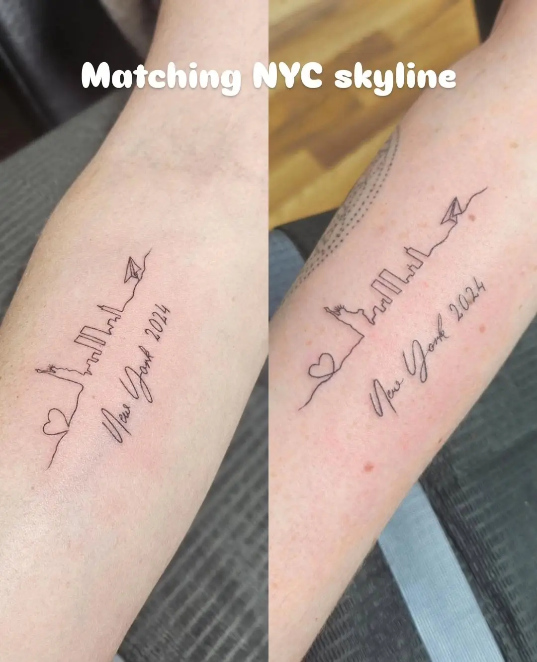 Matching fine line tattoos featuring a minimalist New York City skyline with a heart, a paper airplane, the script 'New York', and the year '2024'.